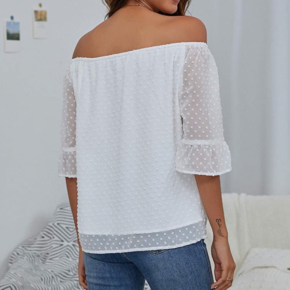 Women’s Off Shoulder Top Chiffon Blouse Elegant Polka Dot Ruffle Casual Shirt XL - Picture 4 of 6